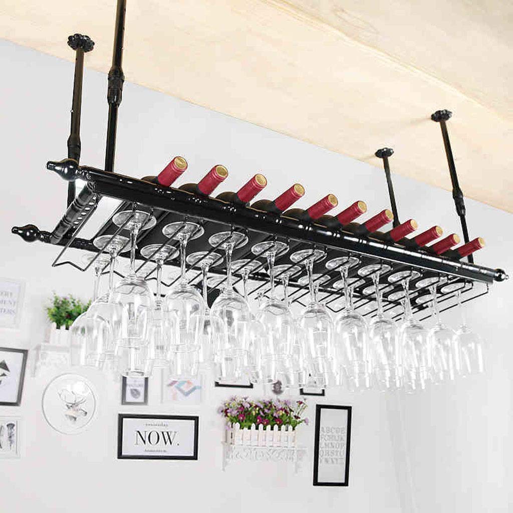 Estante grande de metal para colgar en el techo, soporte para copas de vino con colgador de tazas, organizador de botellas de altura ajustable y vasos para cocina, bar, organizador de decoración ()