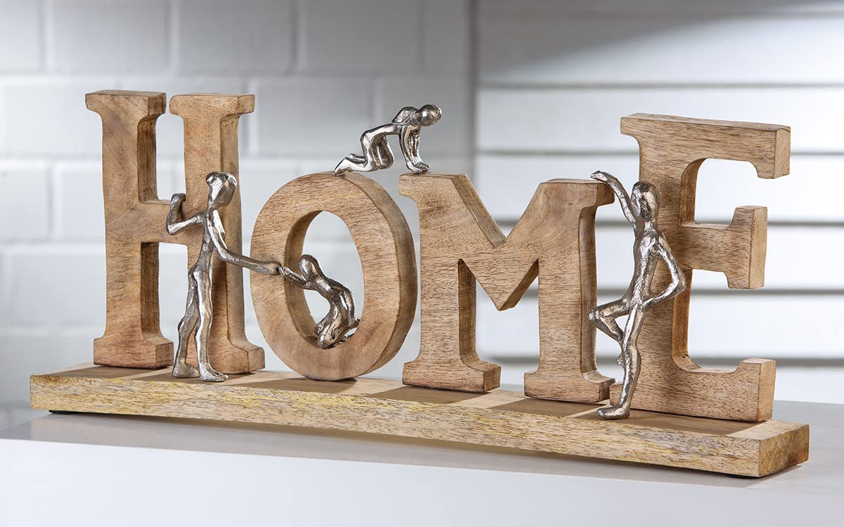 Casablanca Schriftzug Home, Deko Figur Naturfarben, Mangoholz Statue Wohnzimmer, Büro Dekoration H. 23,5 cm x B. 60 cm - Geschenk Moderne Skulpturen, Zuhause Eigenheim, Home Schriftzug