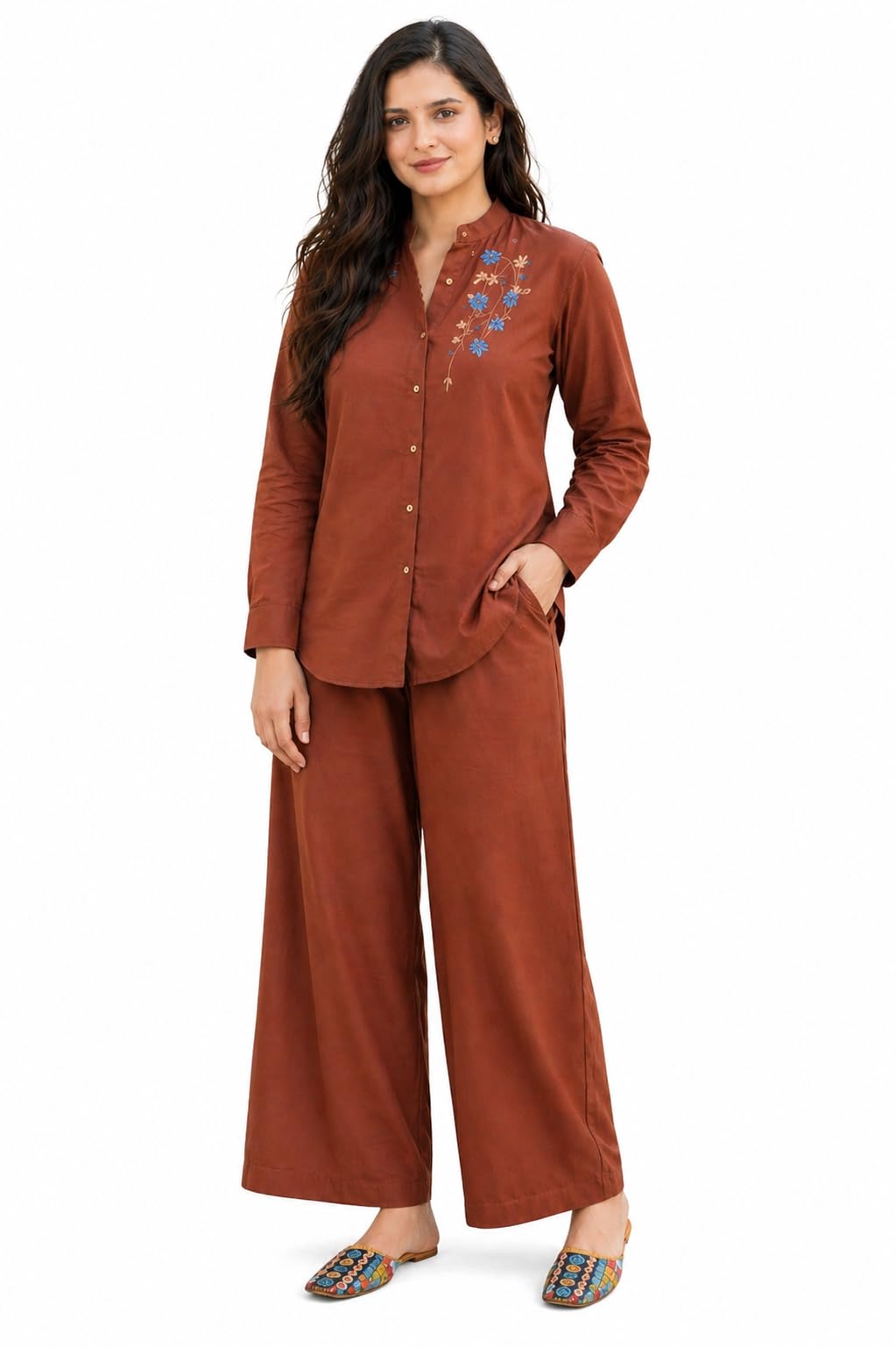 Women's Pure Cotton Co-Ord Set, Brown Coord Set, Floral Embroidered front, Stylish Pocket Design-image-32