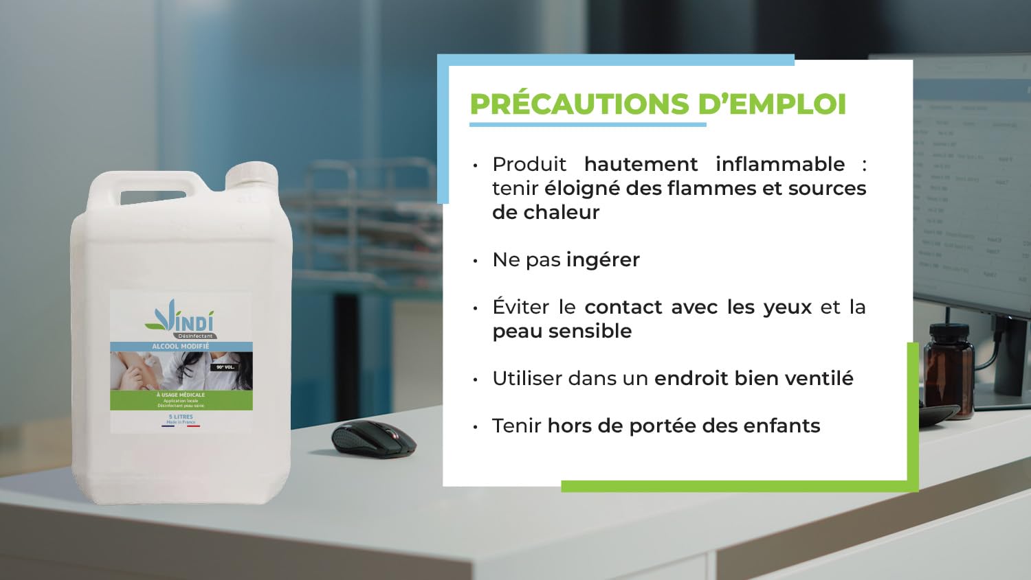 Vindi Désinfectant Alcool modifié 90°- Bidon de 5L - Fabrication Française - Désinfection peau saine et ustensiles médicaux