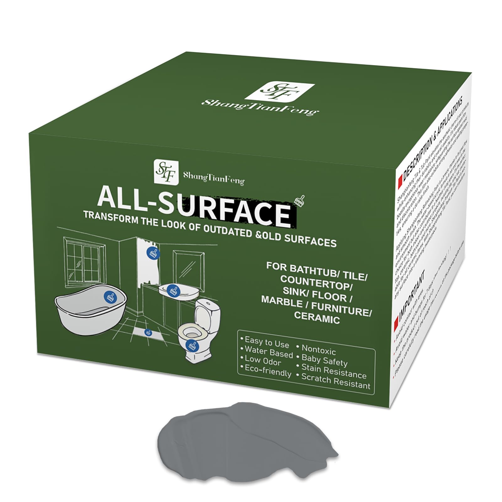 Ceramic Tile Paint Refinishing Kit (Grey/32Oz 50-60sq.ft) - Easy to Use Bathtub and Sink Resurfacing for Bathroom, Kitchen Countertop - Low Odor, No Toxic