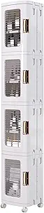 VECELO 4-Tier Plastic Tall Narrow Storage Cabinet with Movable Wheels, Adjustable Shelves, Magnetic Doors, Slim Bathroom Organizers and Storage for Small Space, Bathroom, Kitchen, Laundry, White