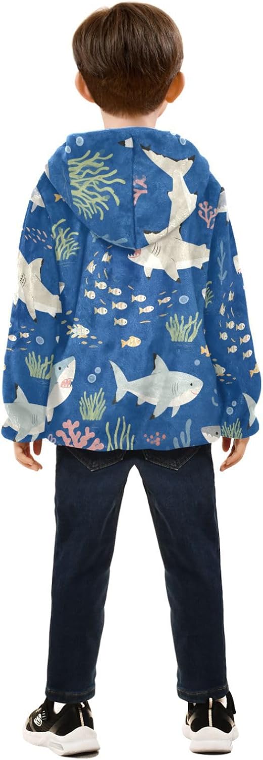 KLL Cartoon Shark and Fish Navy Blue Toddler Fleece Jacket Outerwear Jackets Navy Blue Baby Boy Zipper Hoodie