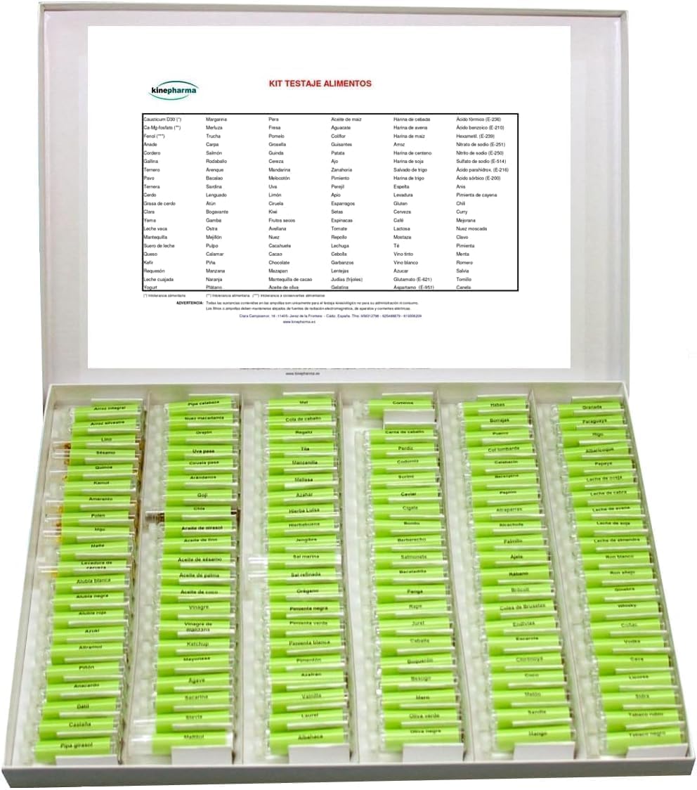 Kit de Intolerancias Alimentarias para el Testaje Kinesiologico a Personas Intolerantes | Set 126 Ampollas con Carnes, Pescados, Frutas, Verduras, Bebidas (Ver Alimentos en las Imagenes)