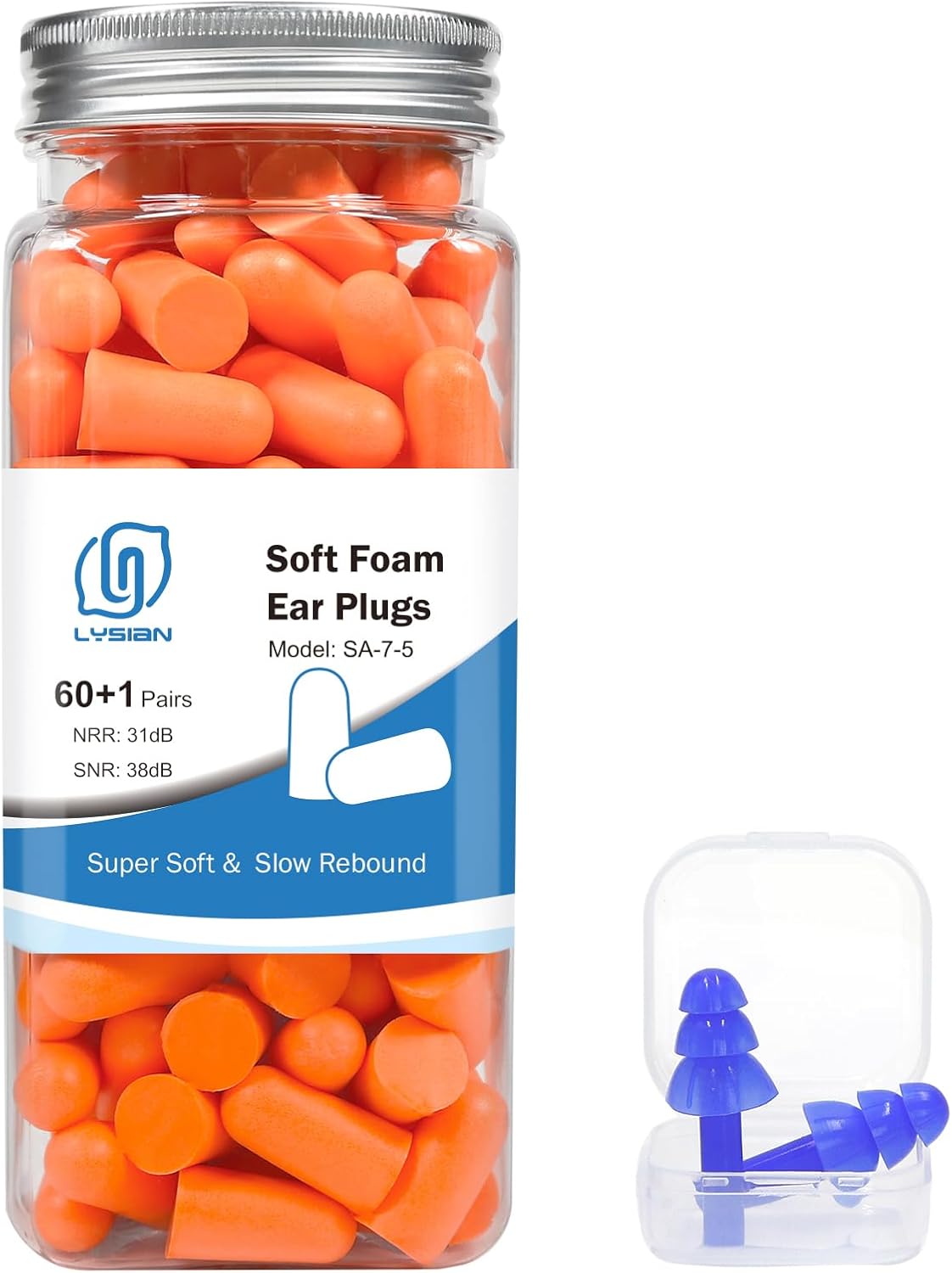 LYSIAN Soft Foam Earplugs 38dB SNR, 60 Pairs, Disposable