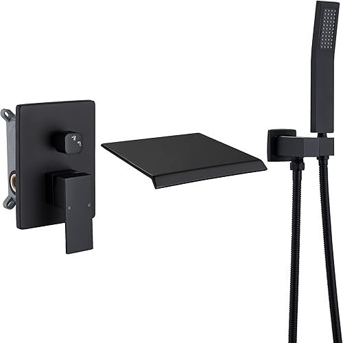DASAN - Grifo de llenado de bañera de montaje en pared mejorado con ducha de mano, grifo de bañera moderno montado en la pared negro mate de alto