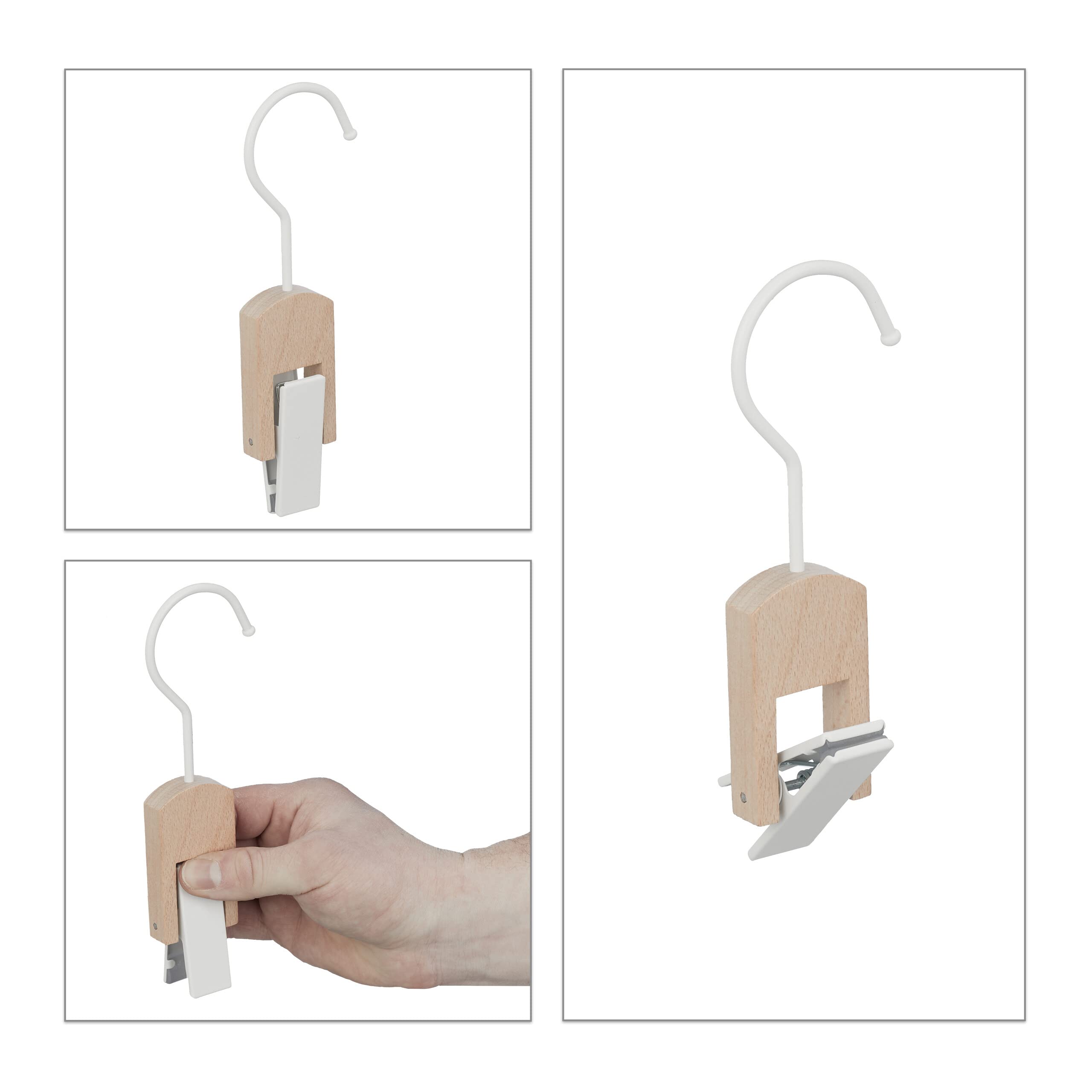 Set da 25 Appendi Stivali, Gruccia in Legno con Clip e Gancio in Ferro, Mollette Gommate, Bianco e Legno
