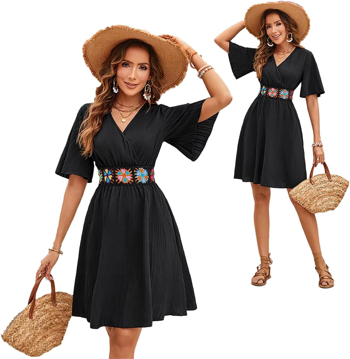 2026 Casual Short Summer Bohemian Dresses for Women Casual Flowy Puff Sleeve Knee Length Midi Sun Dress - Image 4