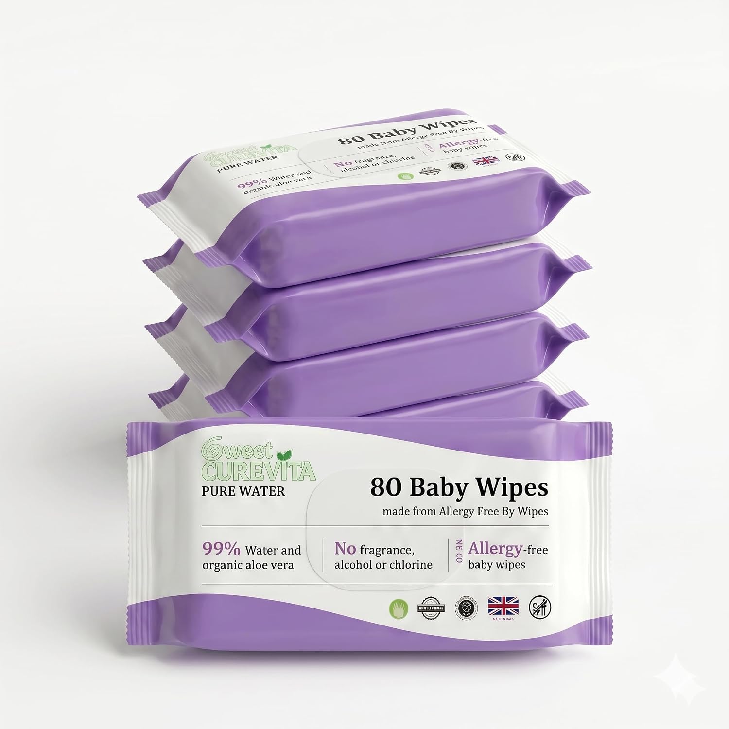 Pure Water Baby Wipes, 99% Water, Organic Aloe Vera, Fragrance-Free, Hypoallergenic Baby Wet Wipes for Gentle Cleaning, Soft Skin Care, 6 Packs of 80 Wipes, 480 Wipes
