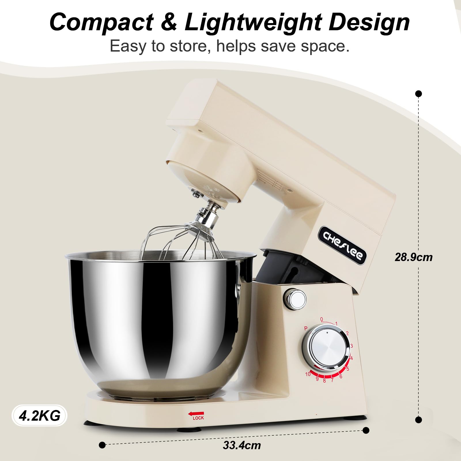 CHeflee Impastatrice Planetaria 1500W Robot da Cucina Multifunzione con 4,5 e 5,5 L Ciotola in Acciaio inox,10 velocità,con Gancio per Mescolare,Gancio per Impastare Impastatrice Professionale(Crema)