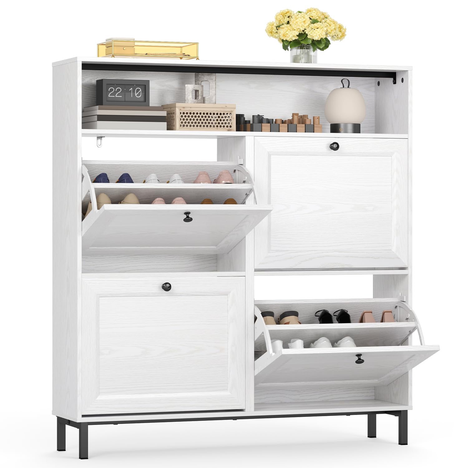 Armario Estrecho para Zapatos, Mueble para Zapatos, Zapatero con 4 Compuertas, 1 Estante Abierto, Divisores Ajustables, para Pasillo, Área de Entrada, 99 x 24 x 108 cm (Blanco)