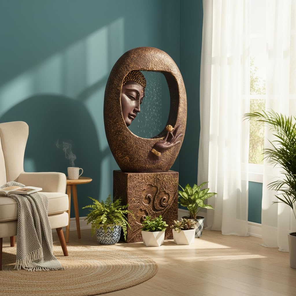 EXPLEASIA Buddha Face Shower with Stand Fountain for Home, Indoor Water Fountain Big Size, Water Fountain for Garden, Water Fountain for Home vastu (GoldWine)