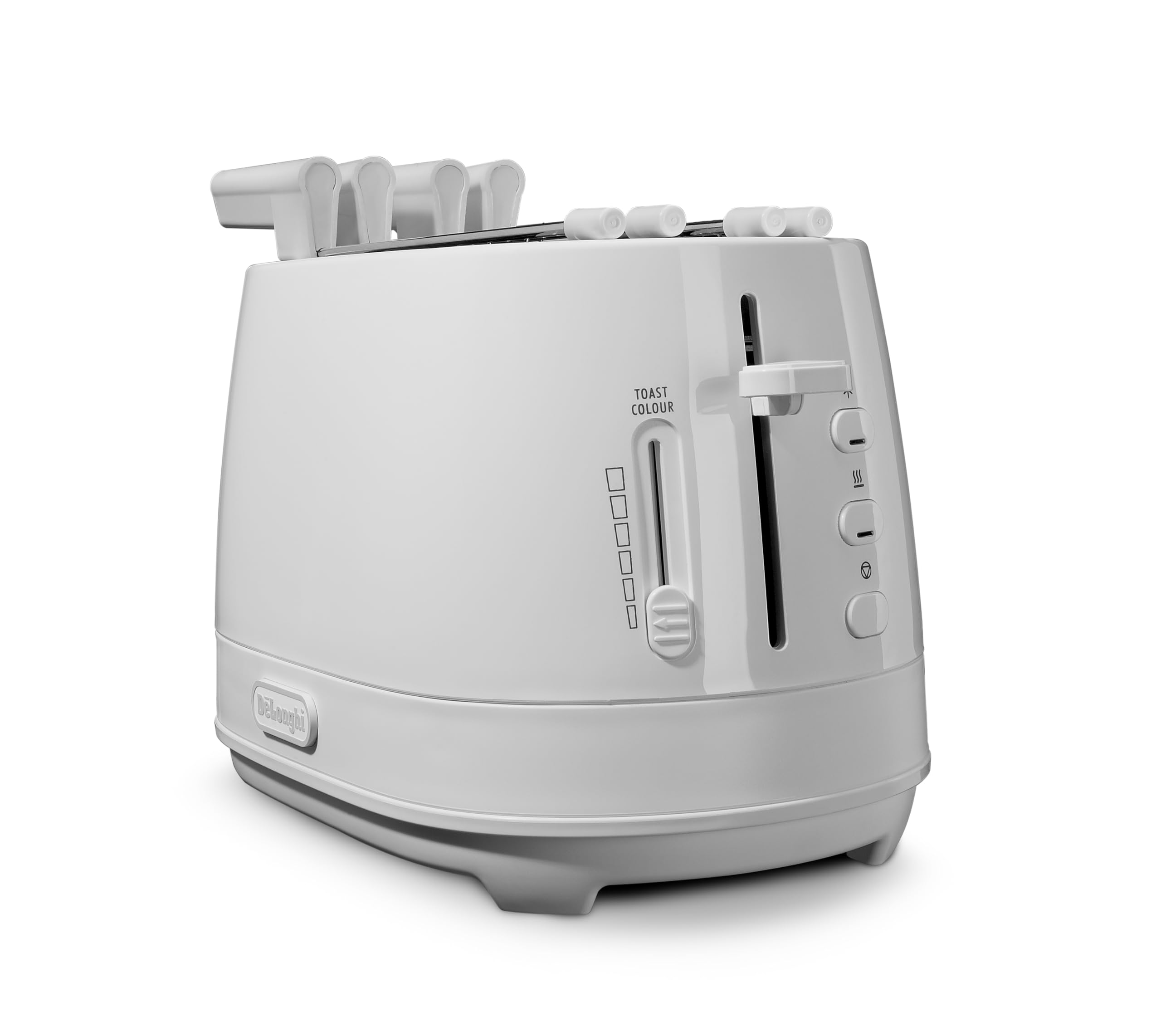 De'Longhi CTLAP2203.W Tostapane con Pinze, Controllo Progressivo del Grado di Tostatura, Indicatori Luminosi, Cassetto Raccoglibriciole, Piedini Antiscivolo, Potenza 550 Watt, Plastica, Bianco