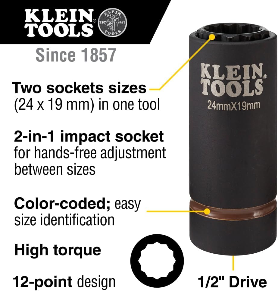 Klein Tools 66052E Impact Socket, 2-in-1 Metric, Deep Impact 12-Point 24 x 19 mm, 1/2-Inch Drive