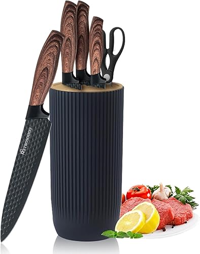 Juego de cuchillos de cocina de 6 piezas, color negro, juego de cuchillos afilados negros para cocina, antiadherentes, antideslizantes, juego de