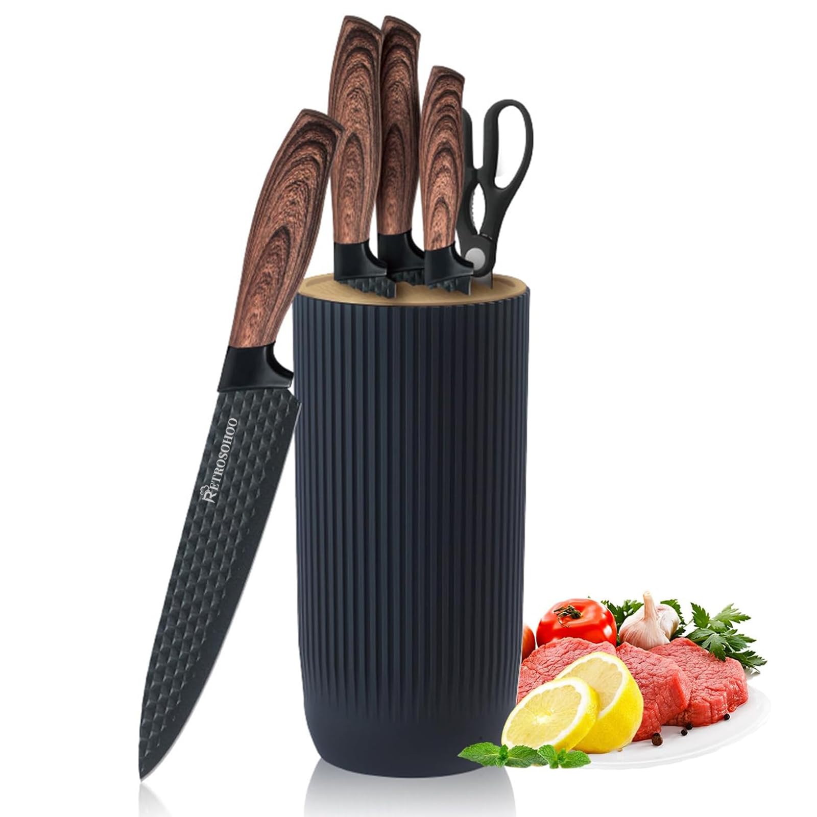 Kitchen Knife Set, Retrosohoo 6-Pieces Black Sharp Knife Set for Kitchen, Non-stick Non-slip Stainless Steel Chef Knife Set with Universal Knife Block Suitable for Home Restaurant(Wood Grain)
