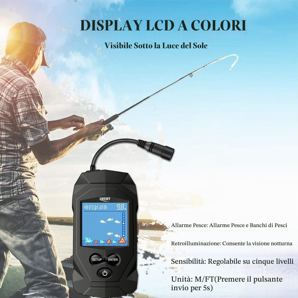 LUCKY Cercatore di Pesci da Pesca Portatile Marino Ecoscandaglio con Trasduttore per Kayak Ecoscandagli con sensore di profondità Display LCD per ecoscandagli per Barche