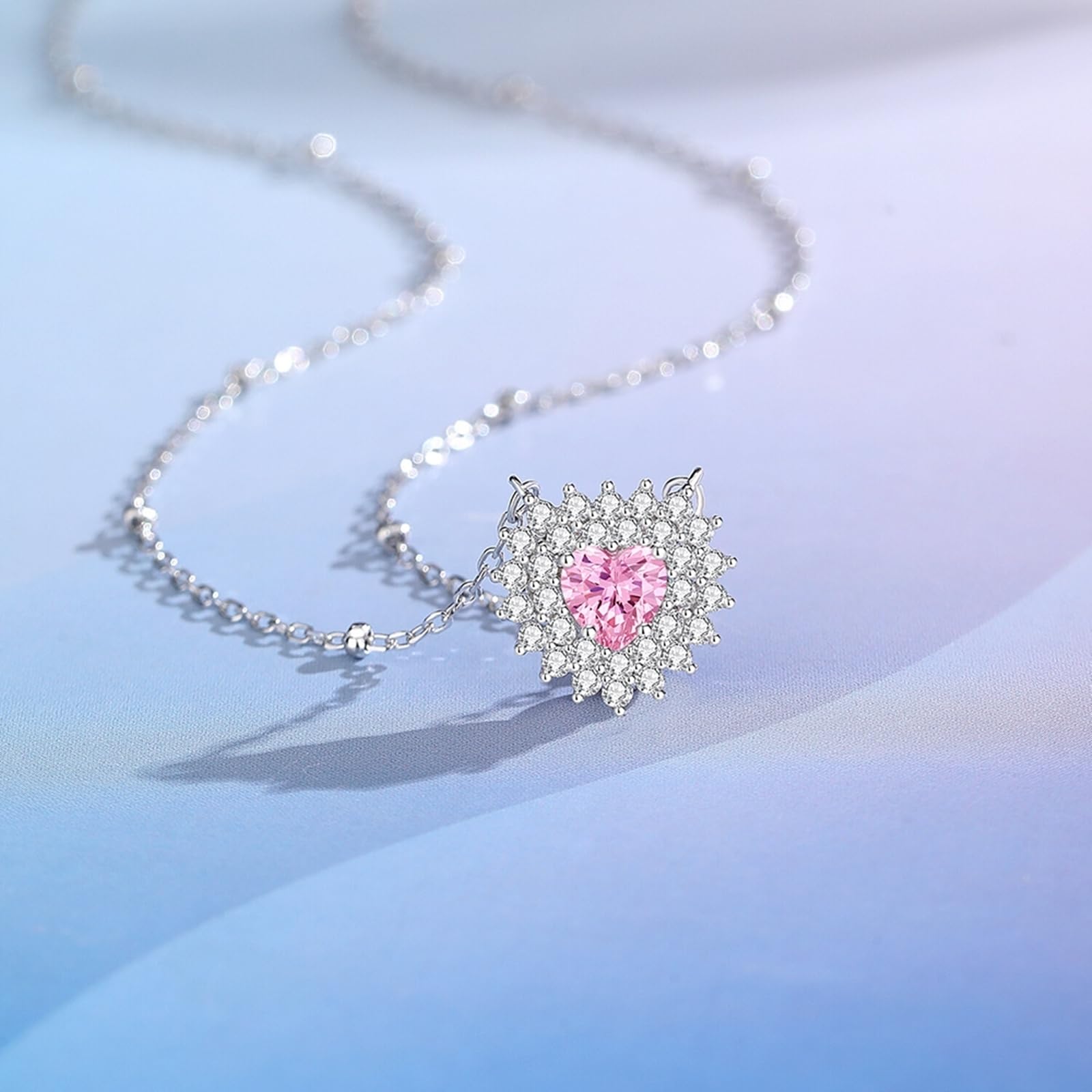 Collares de oro blanco para mujer, collares de plata para mujer, corte de corazón con halo floral, oro blanco/platino