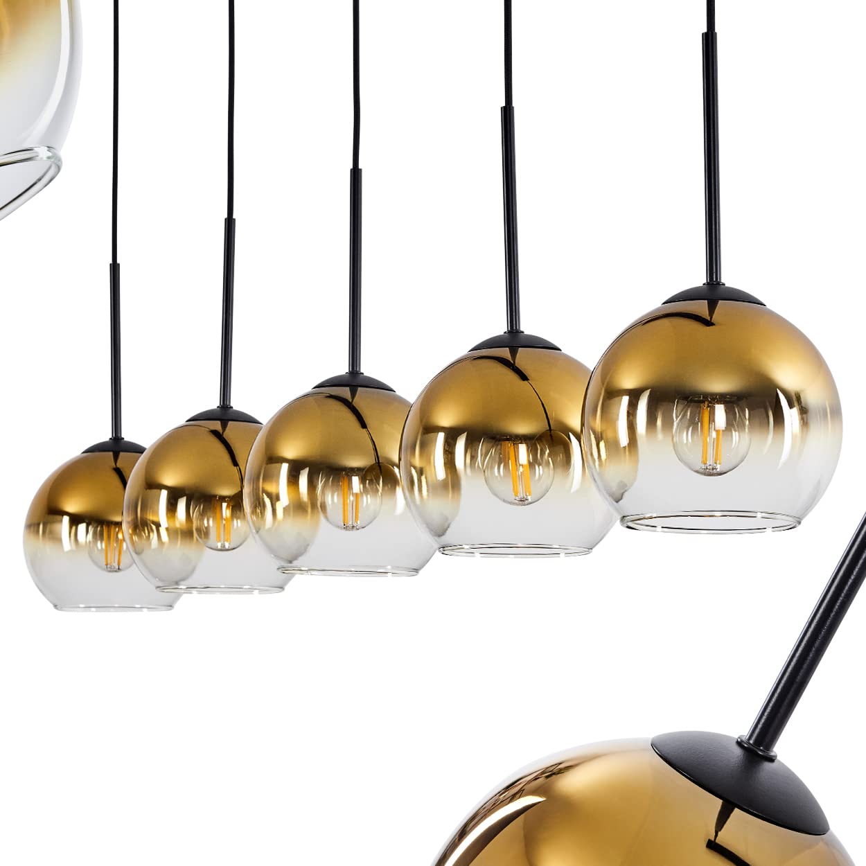 Koyoto Hanging Light, Hanging Light Made of Metal/Glass in Black/Gold/Clear, 5-Flame lamp in Vintage/Retro Design with Glass lampshades (Ø 15 cm), Height max. 147.5 cm, 5 x E27, Bulbs not Included