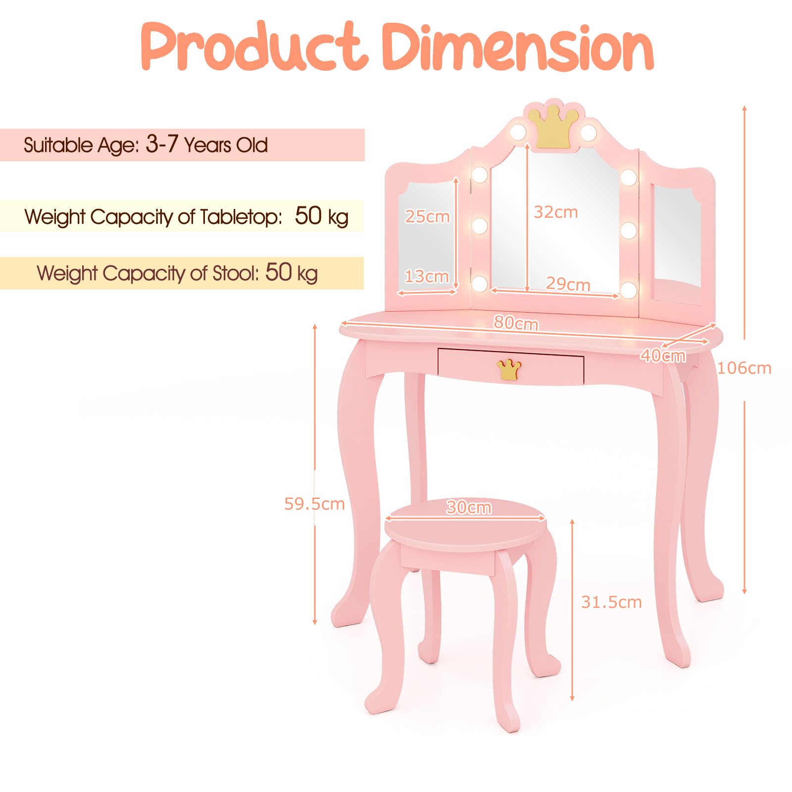LIFEZEAL Kinderschminktisch Set, Schminktisch mit Hocker für Mädchen, Mädchenschminktisch mit LED-Licht, Tisch und Stuhl-Set mit Klappspiegel (Rosa)