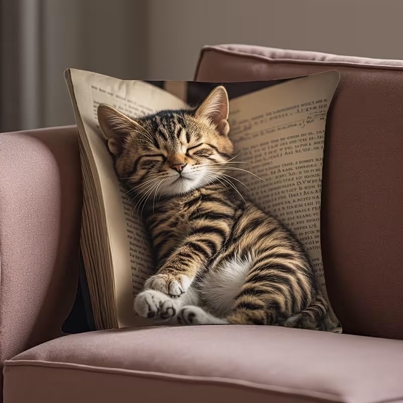 Cute Cat Pillow Covers - Soft Throw Pillowcase for Living Room, Bedroom, Sofa, and Home Decor, Adorable Animal Pattern, 18x18 Inch (Black-White - Brown-Sleeping cat)