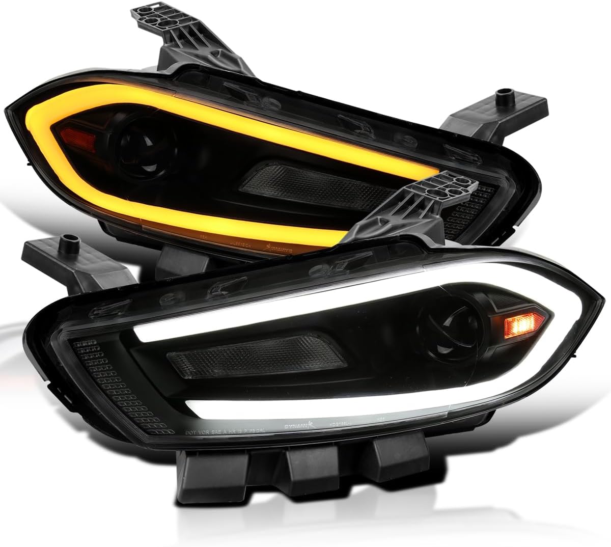 SPEC-D TUNING Black Smoke Projector Headlights w/Switchback Sequential LED Signal Tube and Startup Animation Compatible with 2013-2016 Dodge Dart, Left + Right Pair Headlamps Assembly