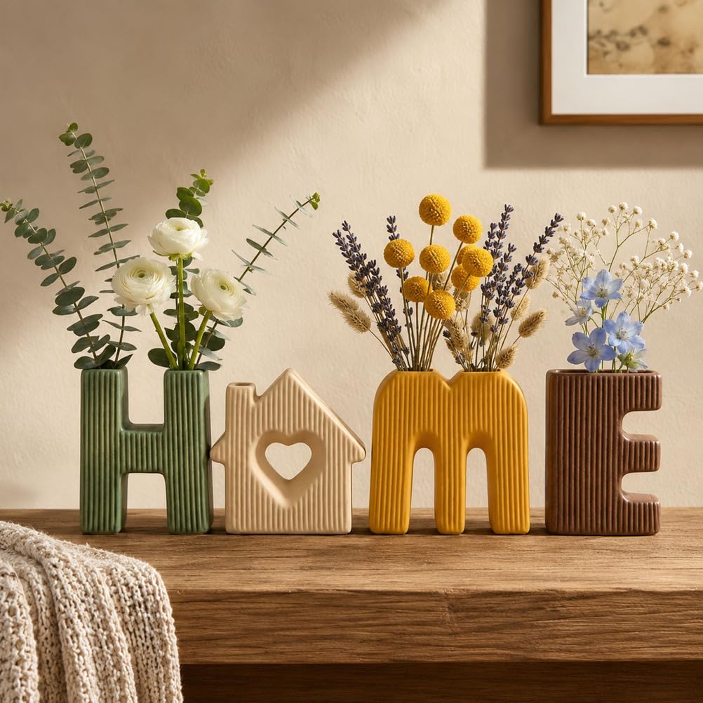 Lot de 4 Vases en Céramique Forme Maison Décoration Intérieure | Style Nordique Minimaliste Couleurs Beige Fleurs Séchées Herbe Pampa Étagère Table Bibliothèque