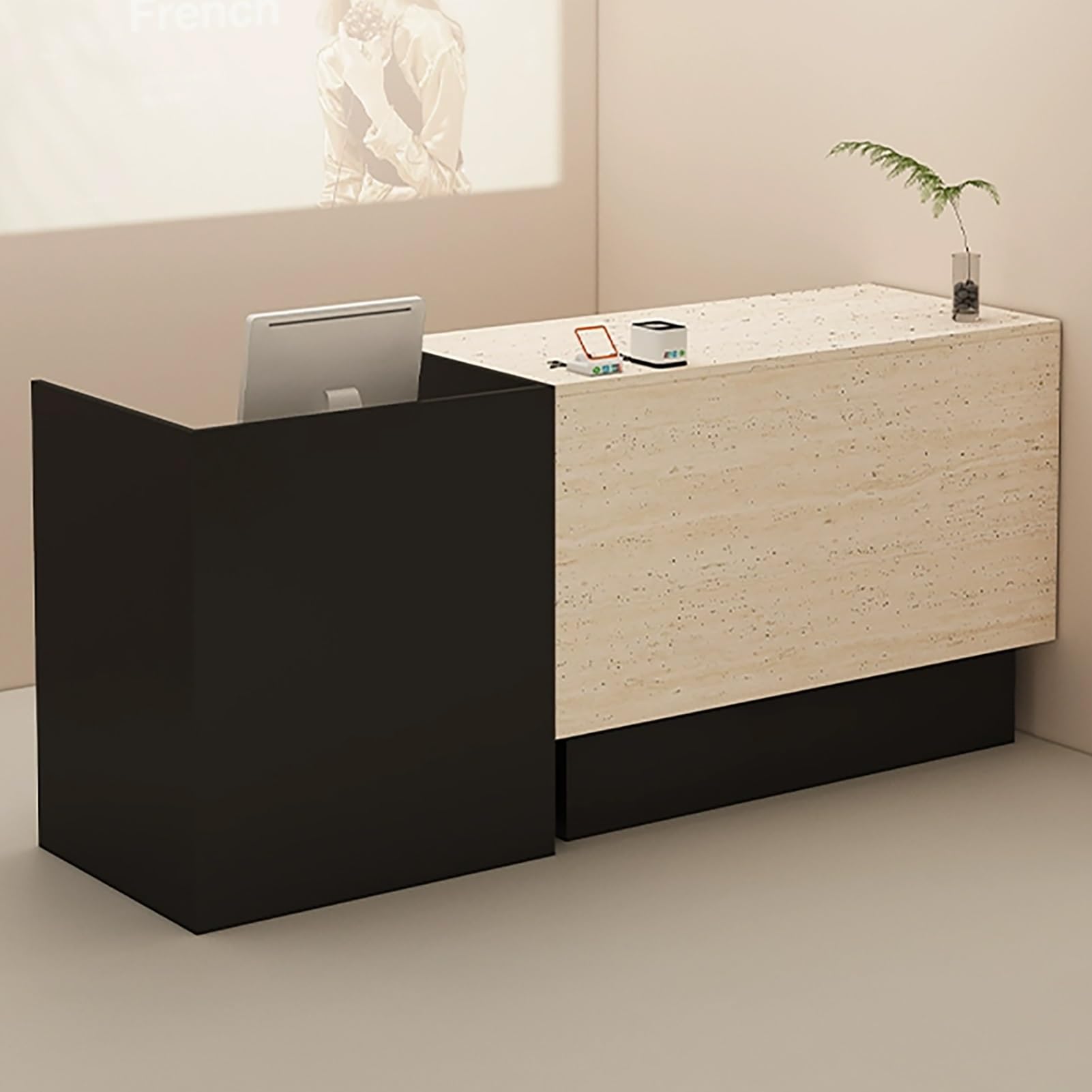 Moderner schwarzer Empfangstisch mit abschließbarer Schublade, Kabelmanagement und offenem Stauraum – 110 cm breite Büromöbel für Empfangsbereiche, Wartezimmer und Heimbüros