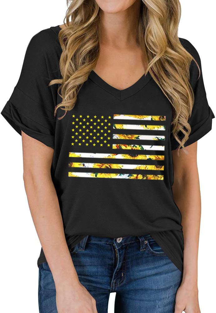 ETCYY Women's T Shirt Short Sleeve V Neck Flower Print Casual Tops Basic Loose Fit Tee Shirt