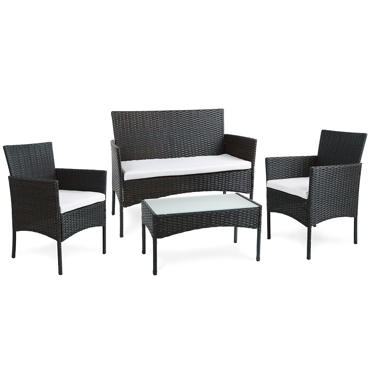 BENEFFITO Tulum - Salon de Jardin en résine tressée 4 Places: 1 canapé, 2 fauteuils, 1 Table Basse - Coussins déperlants et déhoussables avec Fermeture éclair - Noir/Beige