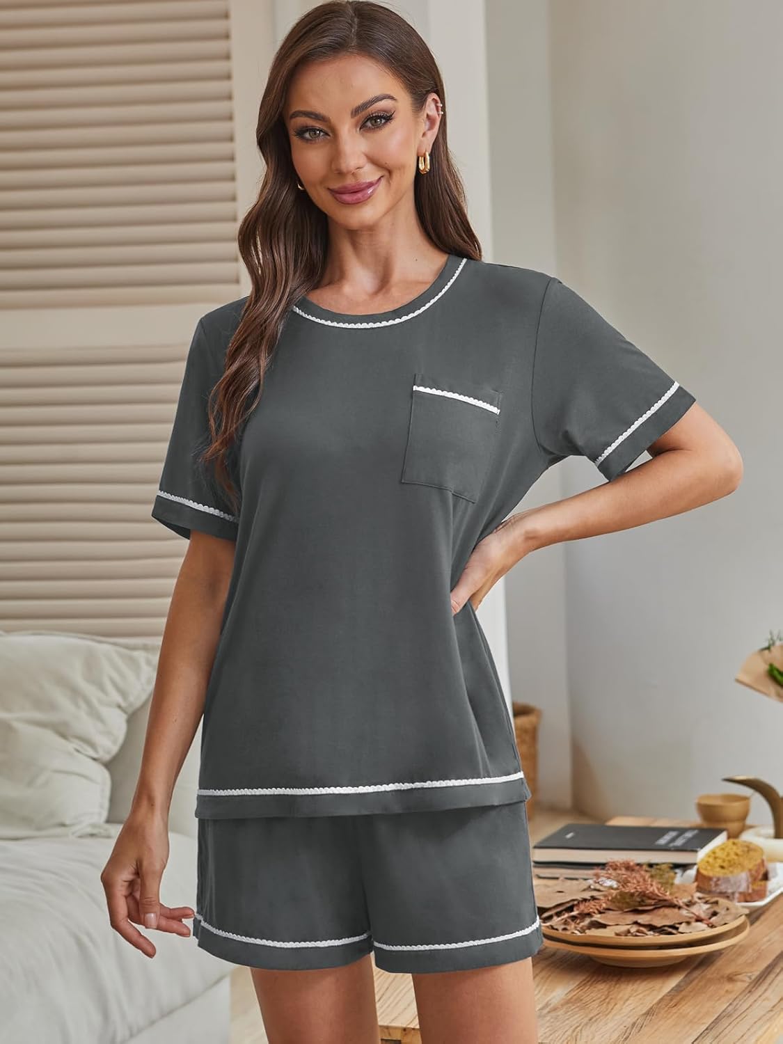 Supersoft Rayon Pajamas for Women Set Lace Trim Short Sleeve T-Shirt & Sleep Shorts 2 Piece Lounge Sets with Pockets - Image 4