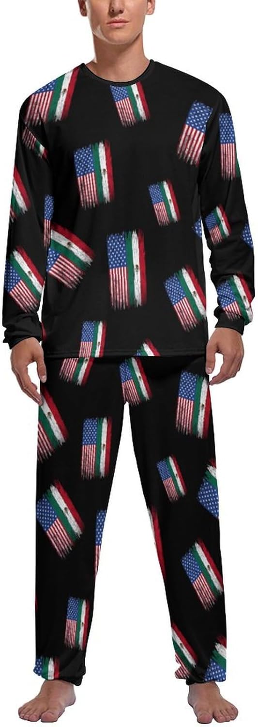 Half US Half Mexican Flag Novelty Men's Pajama Set Long Sleeve Pjs Loungewear Top And Pants