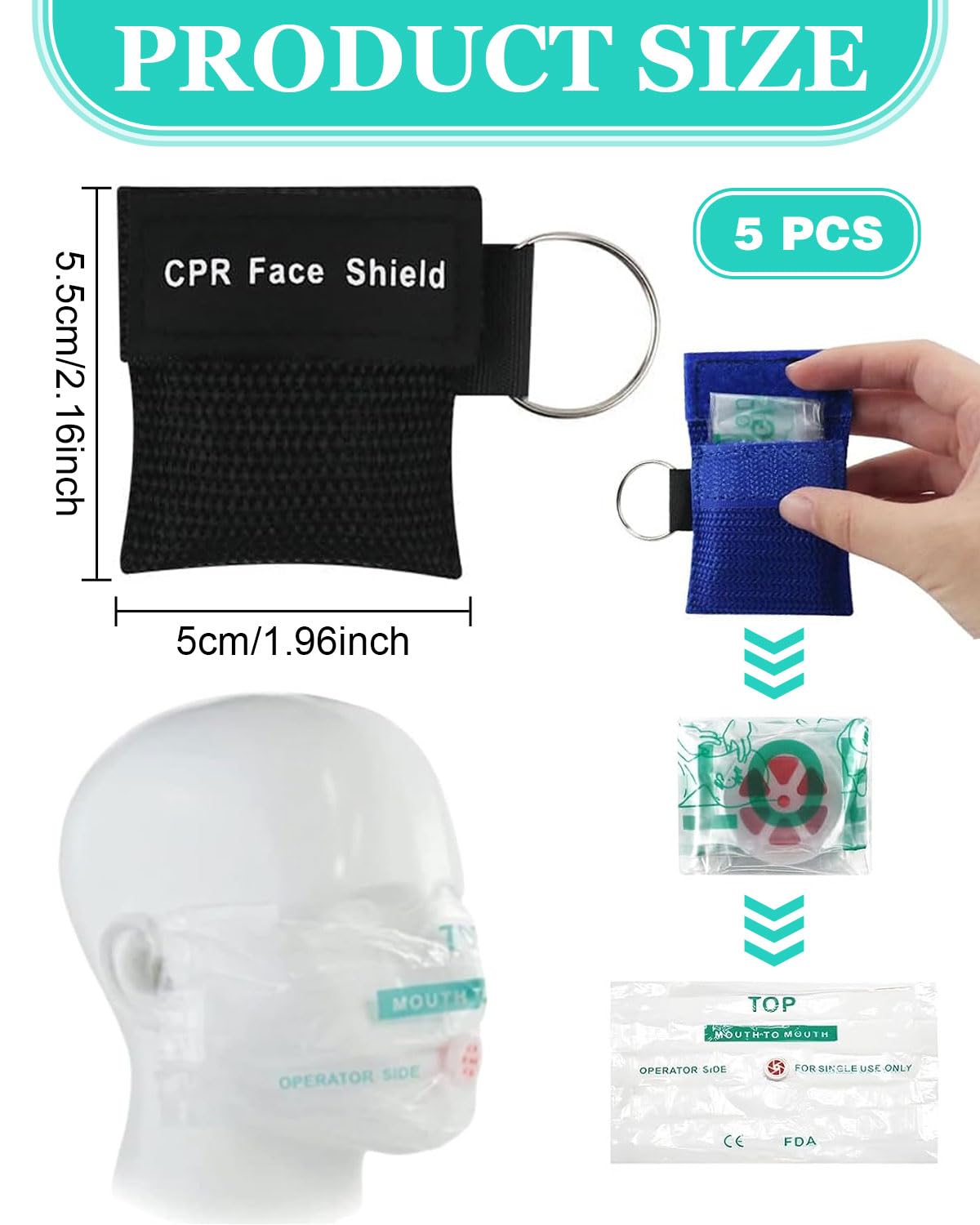 5 pezzi Maschera di respirazione Portachiavi CPR Face Shield di Primo Soccorso Pocket Mask Primo Soccorso Maschere respiratorie, pocket mask, per Il Primo Soccorso o addestramento AED