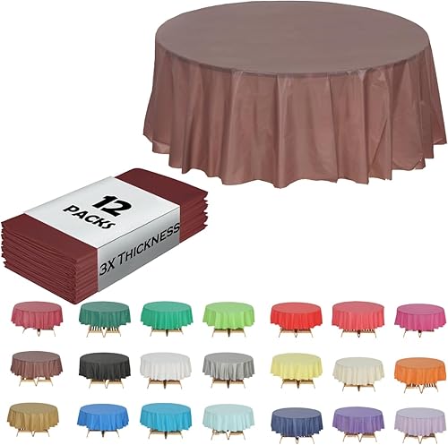 Evershine Paquete de 12 manteles redondos de plástico de 84 pulgadas color marrón resistente (reutilizable) (redondo de 84 pulgadas, marrón)