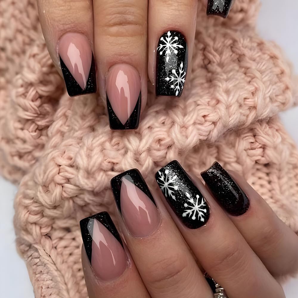 Black Press On Nails Coffin Medium Snowflake Fake Nails with Designs Christmas False Nails Black French Tip Nail Tips Glossy Full Cover Acrylic Winter Nails Press Ons Glue Stick On Nails for Women