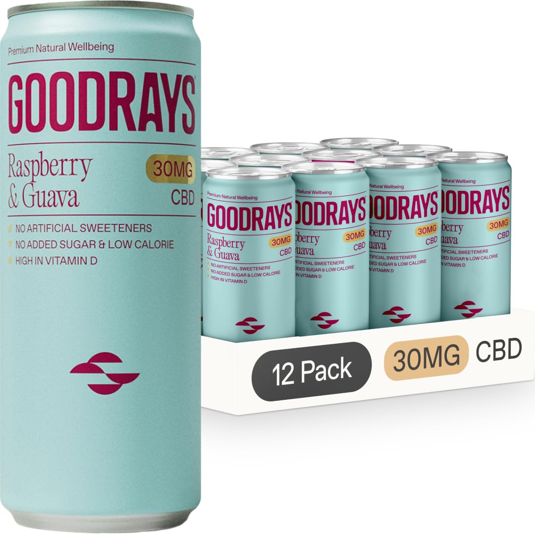 GOODRAYS CBD Drinks, Sparkling Low Calorie Soft Drink, Vegan, Raspberry & Guava, 12 x 250ml Cans, Packaging May Vary