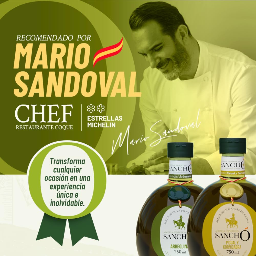 Aceite de oliva virgen extra dúo picual y arbequina pack 2 x 750 ml botella plástico | aove gourmet extraído en frío | aceite premium español cocina diaria | sancho la mancha, dop campo de montiel.
