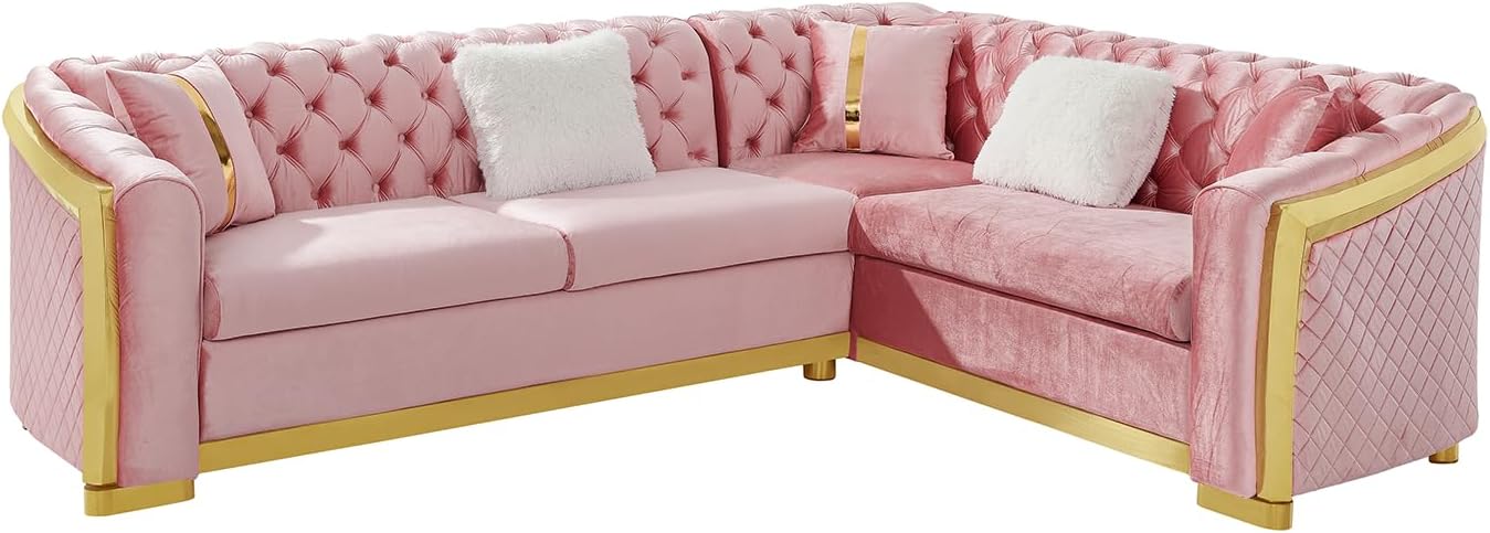 106-in L-Shaped Chesterfield Sectional Sofa Set with Gold Stainless Steel Accents, Velvet Button Tufted Back, 5 Pillows, Soft Foam Cushions, Luxury Living Room Couch, 105.5"x84.2"x32.2", Pink