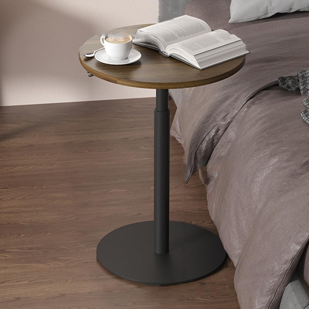 SXZenSpace Pneumatic Height Adjustable Overbed Side Table, Skinny Round End Table for Small Spaces,Couch Tables That Slide under Sofa,Bed,Chair,Walnut,Round