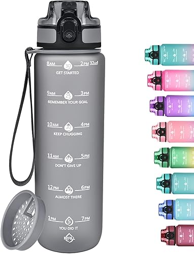 GOSWAG Botellas de agua motivacionales de 32 onzas con marcador de tiempo y colador de frutas botella de agua deportiva con tiempos para beber a