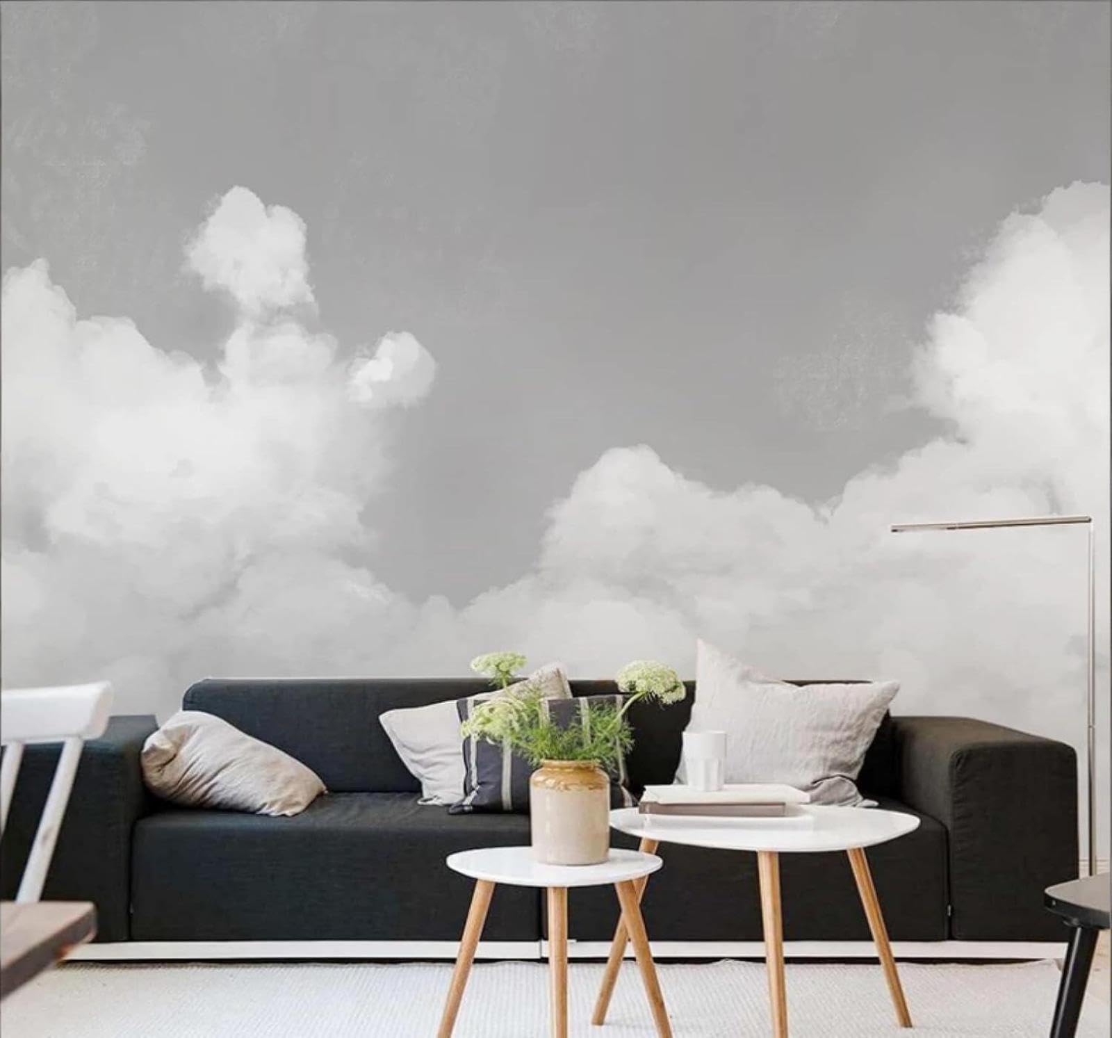 XLMING Minimalist Hand Drawn Grey Sky White Clouds 3D Wallpaper Luxury Silk Study Dining Feature Sofa Grey Bedroom Living Room Tv Decorative Wall-300cm×210cm