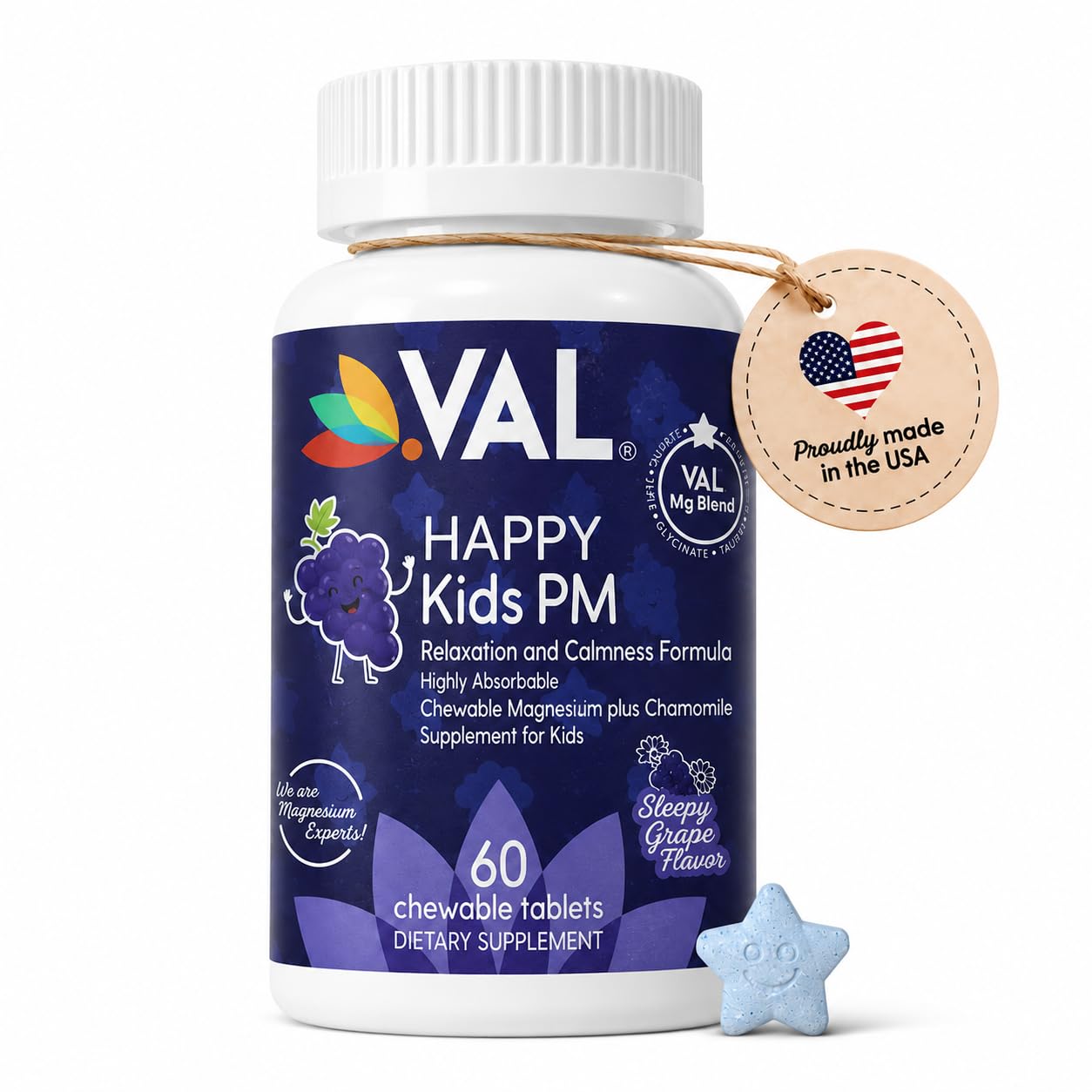 VAL Kids Magnesium Chewables Sleep Aid | Sugar & Melatonin Free | Tablets with Chamomile + Magnesium Glycinate + Citrate + Taurate + Vitamin B6 & C | Natural Grape Flavor | 60 Ct | Ages 4+