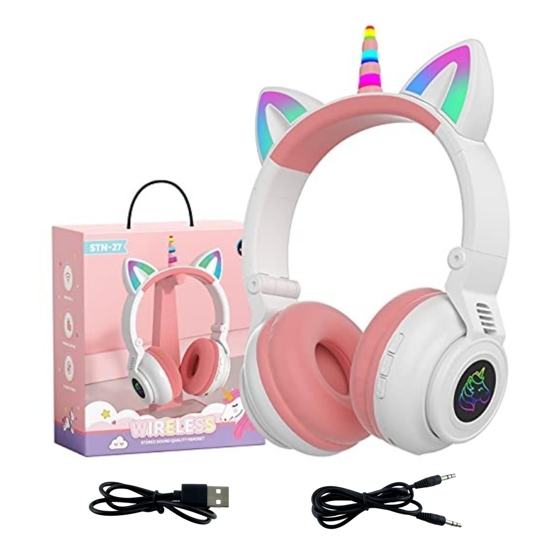 YUSONIC Unicorn Kids Headphones for Girls, Unicorn Bluetooth Headphones Foldable for Girls Toddlers Tablet/pad/Amazon fire,Light Up Kids Wireless Headphone Birthday Gifts (White Pink)