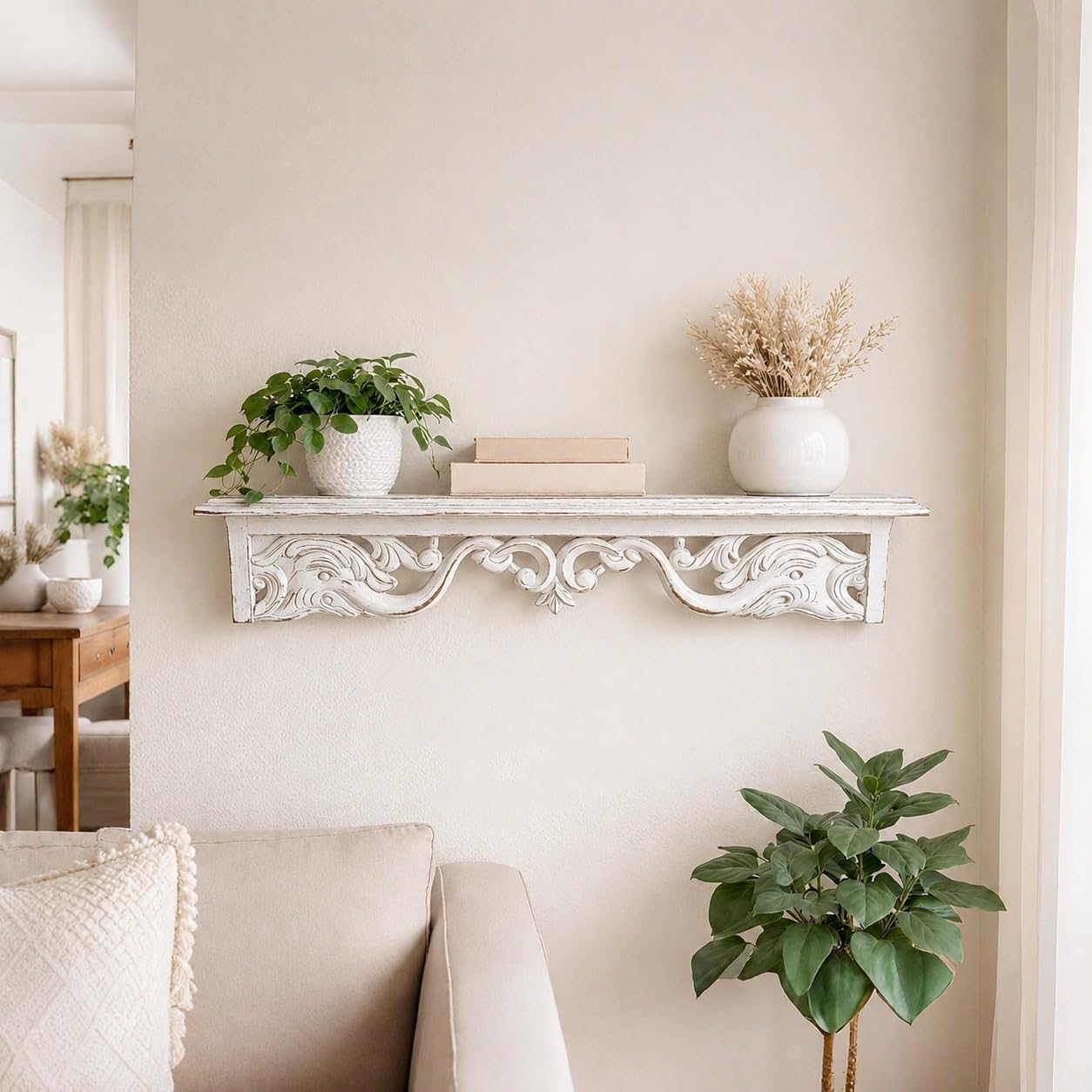 Rustic White Distressed Wooden Wall Shelf Bracket, Decorative Floating Wall Mounted Display Shelf for Living Room, Bedroom, Bathroom & Farmhouse Vintage Home Décor, 24 x 5 x 4.5 Inches-image-6