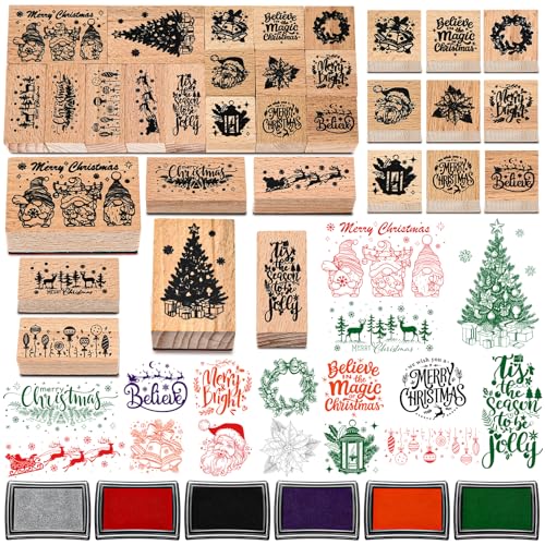 Marspark 22 Pcs Christmas Wooden Rubber Stamps and Craft Ink Pads Set Mixed Christmas DIY Cards Wooden Rubber Stamps for Party Scrapbooking Cards Making Supplies Gift Decor