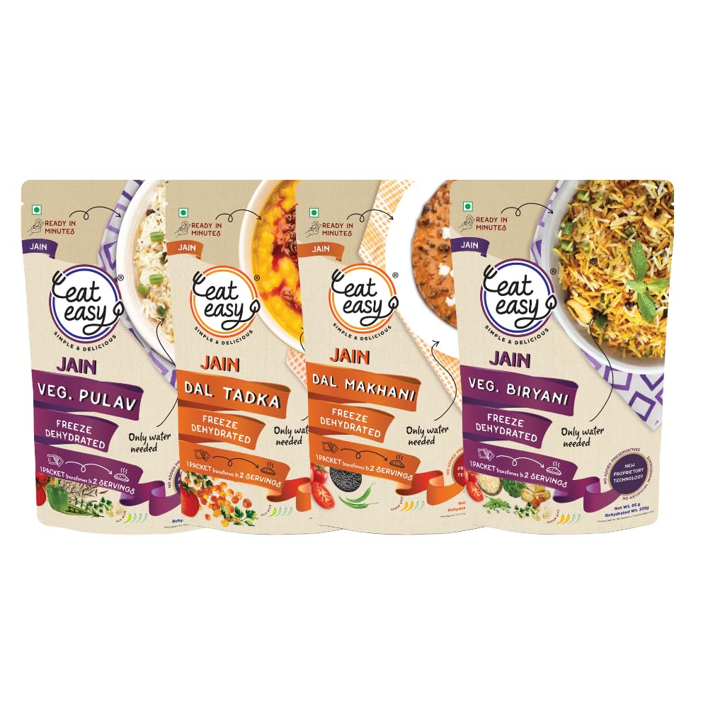 Eat Easy Ready To Eat Jain Dal Rice Combo of 4- Veg Biryani, Veg Pulav, Dal Makhani, Dal Tadka | Just Add Water and Cook | No Onion, No Garlic | Delicious Instant Food | Freeze Dehydrated Healthy Instant Travel, Camping, Trekking, Hostel Food-image-24