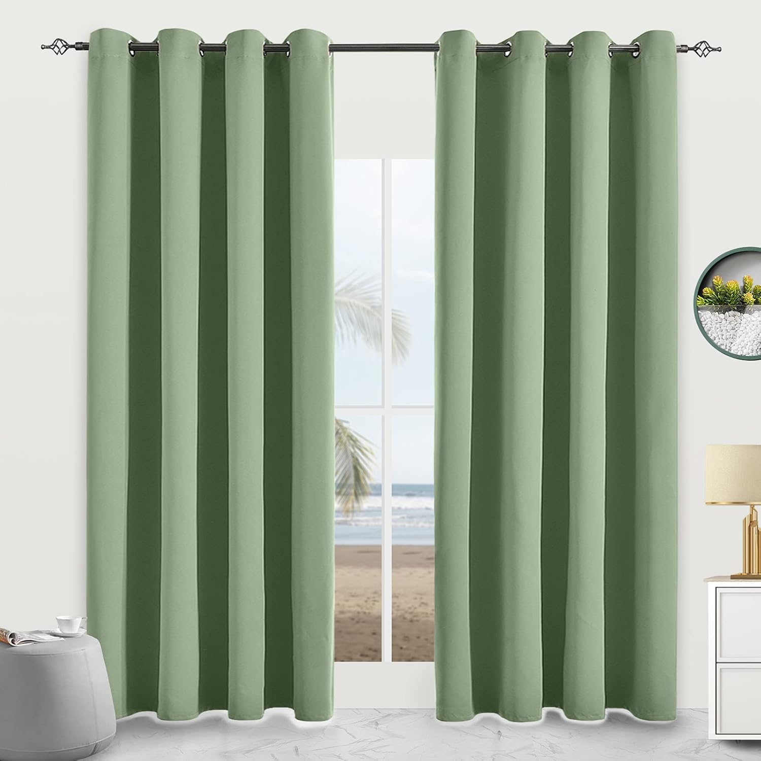Blackout Curtains for Bedroom Thermal Insulated Light Blocking Room Darkening Curtains Solid Grommet Window Drapes for Living Room, Set of 2 Curtain Panels 52 W x 84 L inch Long Greyish Green