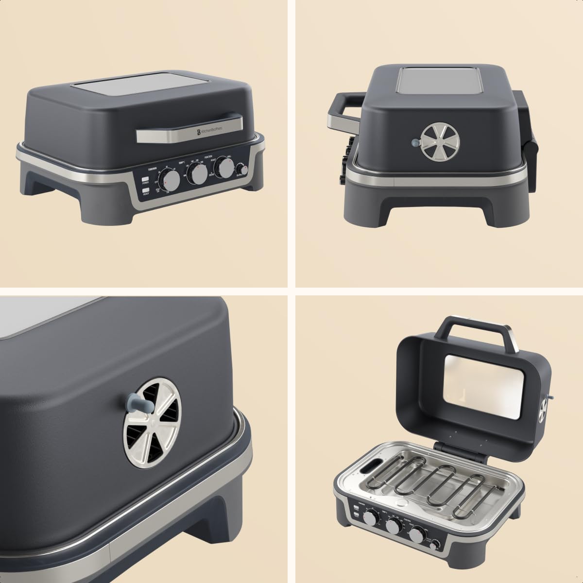 KitchenBrothers 4-in-1 Elektrogrill - BBQ & Smoker - Tischgrill - 2600W | Einstellbar von 90–250 °C, Timer bis 120 Min., Sichtfenster im Deckel, kompaktes, ideal Tischformat