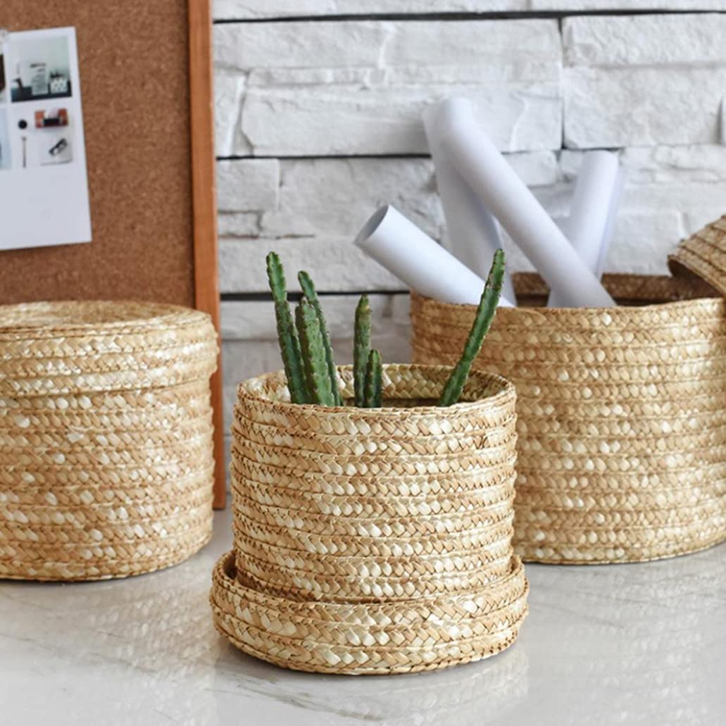 Lot De 3 Paniers De Rangement En Paille Naturelle Tissée - Avec Couvercles, Pour Salon, Chambre, Linge, Snacks