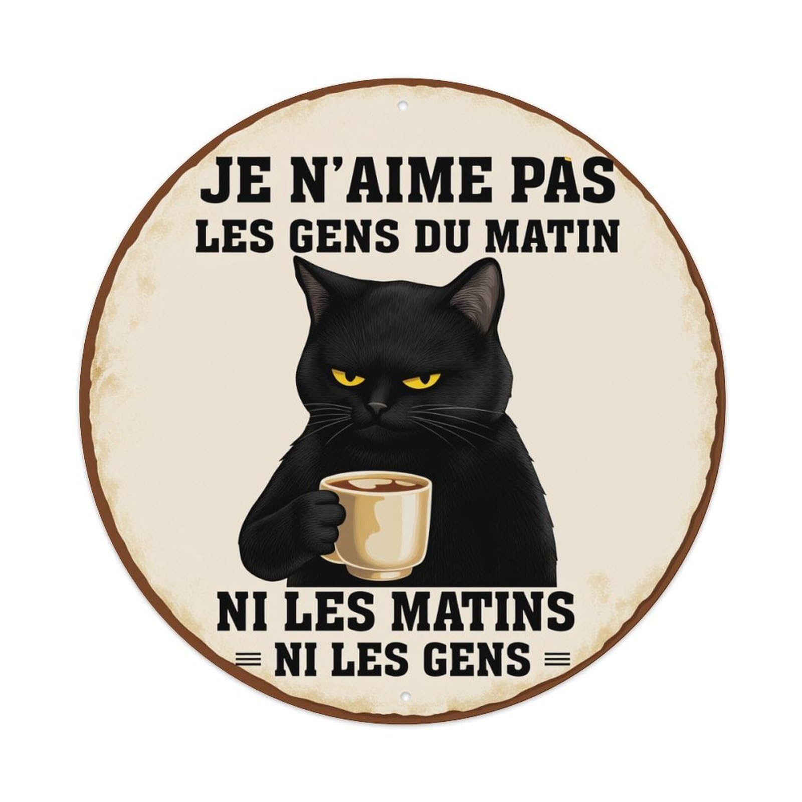 Black Cat Holding Coffee Cup Round Tin Sign Vintage Metal Poster Retro Bar, Home, Man Cave, Kitchen, Laundry Room Wall Art Decor Gift 8x8Inch